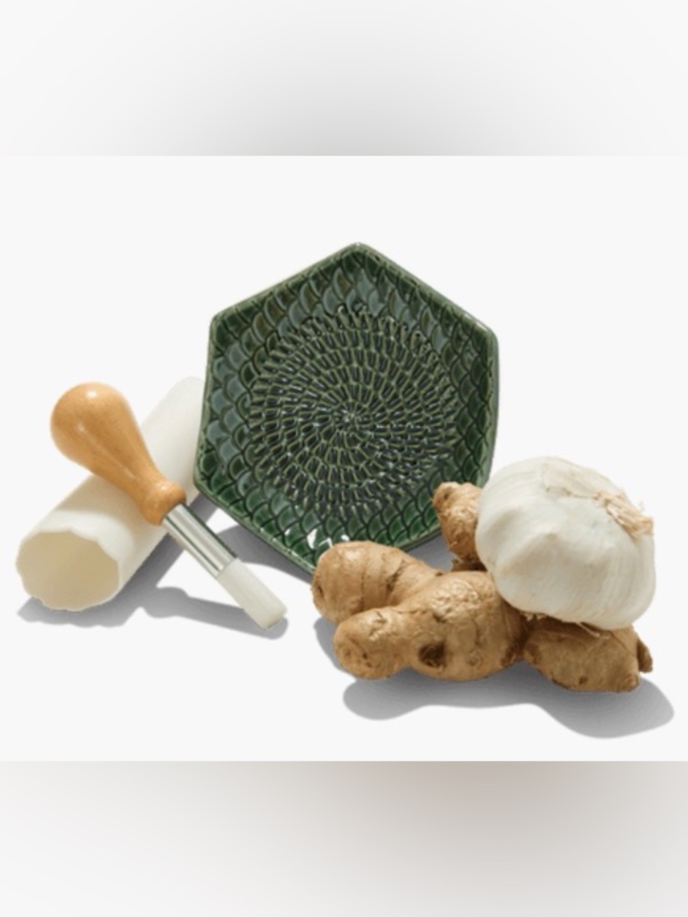 The Grate Plate - Green Ceramic Ginger & Garlic Grater Set with Peeler & Brush